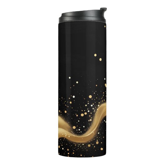 Magische Gouden Stofgolf op Zwart Thermosbeker (Gedraaid links)