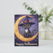 Magische Halloween Black Cat Witch Pet en maanlich Briefkaart (Staand voorkant)