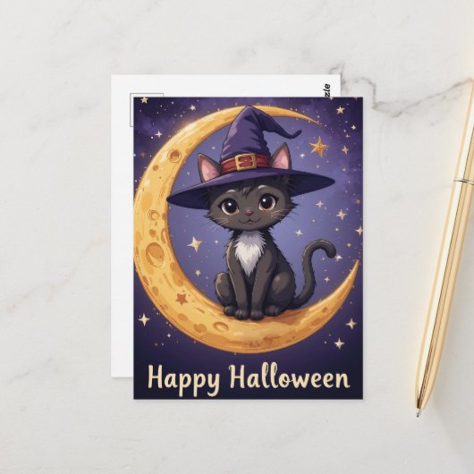 Magische Halloween Black Cat Witch Pet en maanlich Briefkaart (Voorkant / Achterkant in situ)