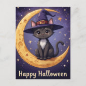 Magische Halloween Black Cat Witch Pet en maanlich Briefkaart (Voorkant)