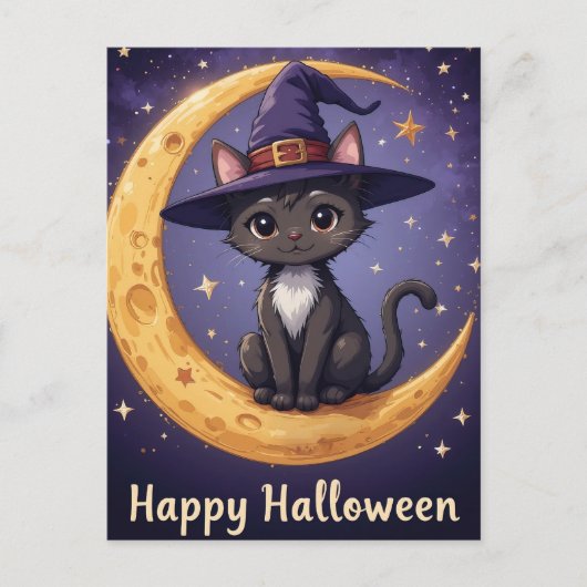 Magische Halloween Black Cat Witch Pet en maanlich Briefkaart (Voorkant)