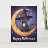Magische Halloween Black Cat Witch Pet en maanlich Kaart (Voorkant)
