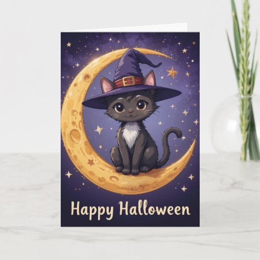 Magische Halloween Black Cat Witch Pet en maanlich Kaart (Voorkant)