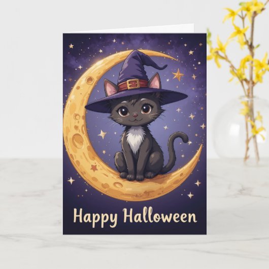 Magische Halloween Black Cat Witch Pet en maanlich Kaart (Gele Bloem)