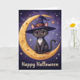 Magische Halloween Black Cat Witch Pet en maanlich Kaart