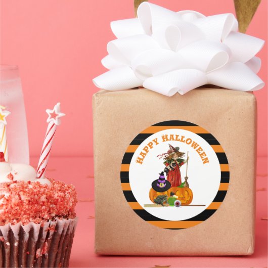 Magische Halloween Heks en Pompoenen Vakantie Ronde Sticker (Feest)