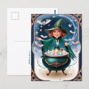 Magische Halloween-heks met betoverende ketel Briefkaart
