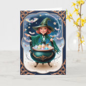 Magische Halloween-heks met betoverende ketel Kaart (Gele Bloem)