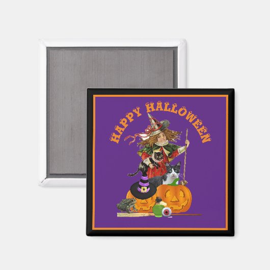 Magische Halloween met Heksenkatten Paarse Feestda Magneet (Voorkant / Achterkant)