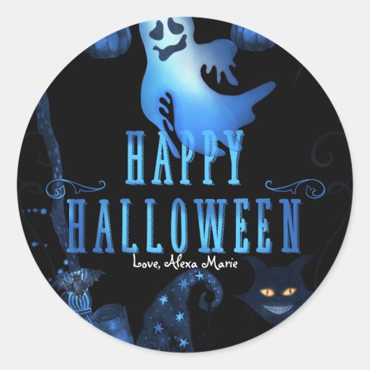 Magische halloween Party Black Cat Blue Light Favo Ronde Sticker (Voorkant)