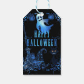 Magische halloween party zwarte kat blauwe gloed l cadeaulabel (Achterkant)