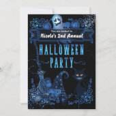 Magische halloween party zwarte kat blauwe gloed l kaart (Voorkant)
