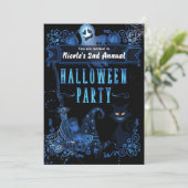 Magische halloween party zwarte kat blauwe gloed l kaart (Staand voorkant)