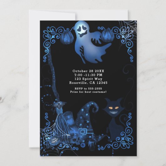 Magische halloween party zwarte kat blauwe gloed l kaart (Achterkant)