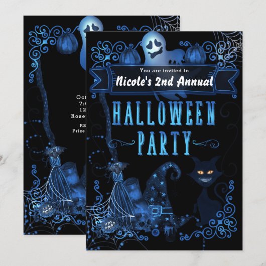 Magische halloween party zwarte kat blauwe gloed l kaart (Voorkant / Achterkant)