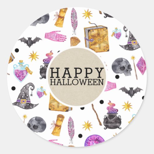 Magische Halloween Waterverf Whimsical Kraft Party Ronde Sticker (Voorkant)
