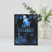 Magische Happy Halloween Black Cat Blue Glow-lampe Briefkaart (Staand voorkant)
