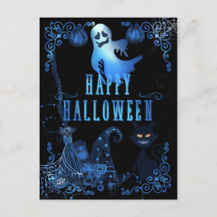 Magische Happy Halloween Black Cat Blue Glow-lampe Briefkaart