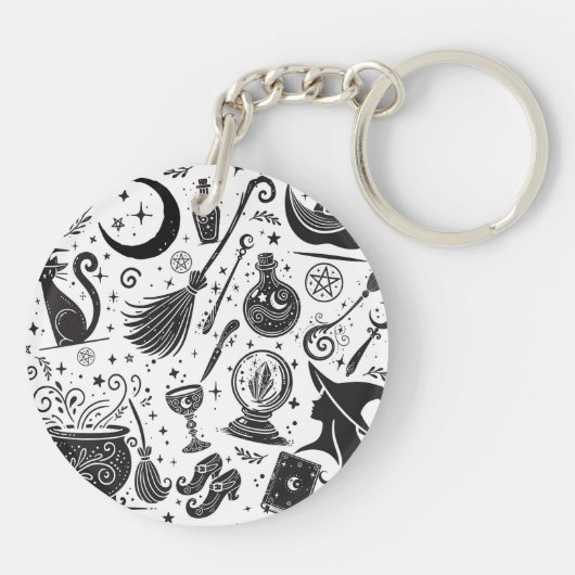 Magische heks grillige wiccan heidens zwart en wit sleutelhanger (Achterkant)