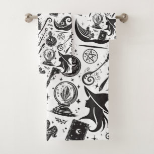 Magische Heks Whimsical Wicca Pagan Zwart & Wit Bad Handdoek