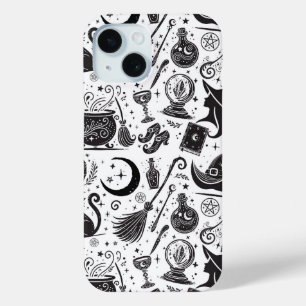 Magische Heks Whimsical Wicca Pagan Zwart & Wit iPhone 15 Case