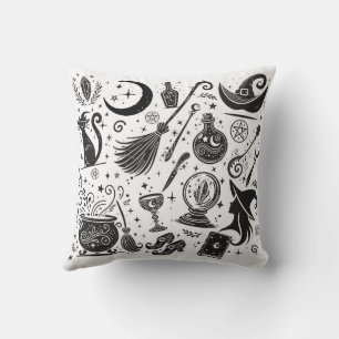 Magische Heks Whimsical Wicca Pagan Zwart & Wit Kussen