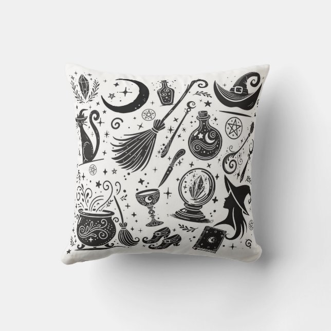 Magische Heks Whimsical Wicca Pagan Zwart & Wit Kussen (Achterkant)