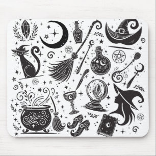 Magische Heks Whimsical Wicca Pagan Zwart & Wit Muismat