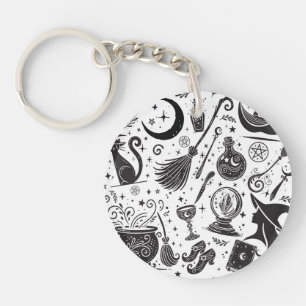 Magische Heks Whimsical Wicca Pagan Zwart & Wit Sleutelhanger