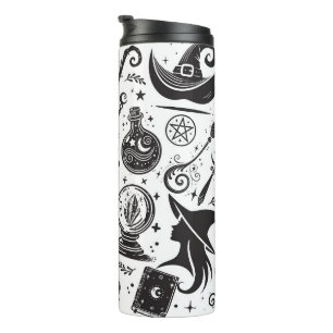 Magische Heks Whimsical Wicca Pagan Zwart & Wit Thermosbeker
