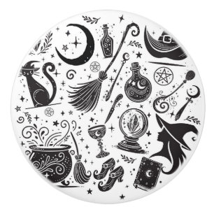 Magische Heks Whimsical Wiccan Heidense Zwarte & W Keramische Knop