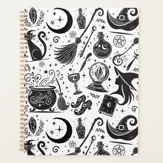 Magische Heks Whimsical Wiccan Pagan Zwart & Wit Planner (Voorkant)