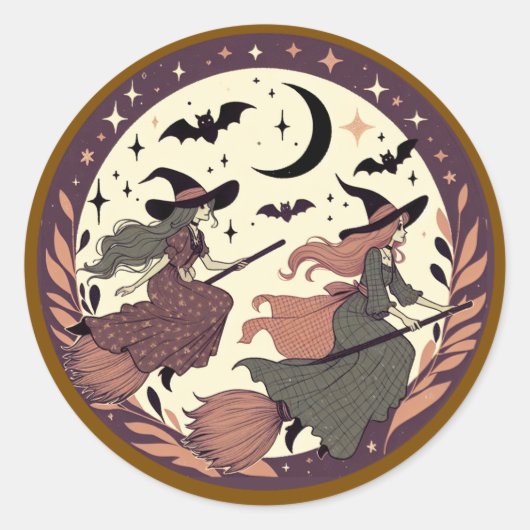 Magische heksenvlucht - Halloween Moonlight Scene Ronde Sticker (Voorkant)