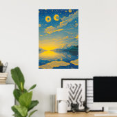 Magische hemel, sterren, wolken, meer, retro schil poster (Thuiskantoor)