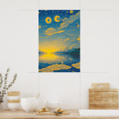 Magische hemel, sterren, wolken, meer, retro schil poster (Keuken)