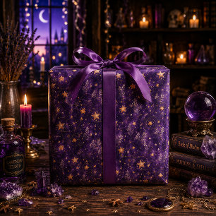 Magische Hemelse Gouden Sterren Paarse Waterverf Cadeaupapier