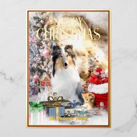Magische huisdieren Kerstmis, Blue Merle Collie & Folie Feestdagenkaart (Voorkant)