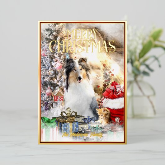 Magische huisdieren Kerstmis, Blue Merle Collie &  Folie Feestdagenkaart (Staand Voorkant)