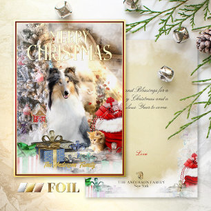 Magische huisdieren Kerstmis, Blue Merle Collie &  Folie Feestdagenkaart