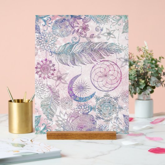 Magische Iridescent Glitter Feathers Drocatcher Acryl Bord (Huwelijk)