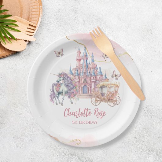 Magische Kasteel Eenhoorn Roze Prinses 1e Verjaard Papieren Bordje