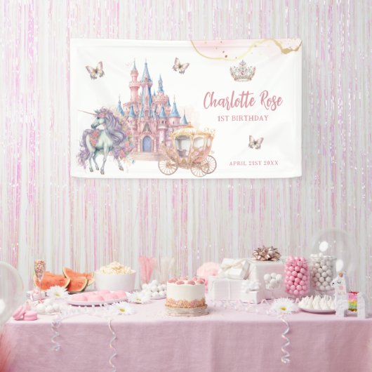 Magische Kasteel Eenhoorn Roze Prinses 1e Verjaard Spandoek (Feest)