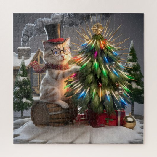 Magische kat kerst grillige 3D winter scene Legpuzzel (Verticaal)