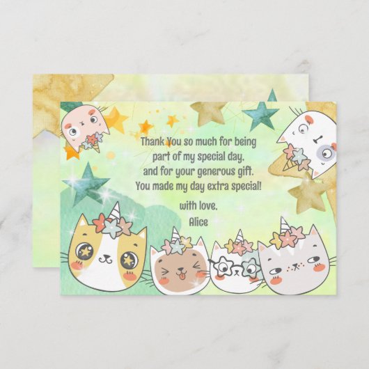 Magische kawaii caticorn kat eenhoorn kids verjaar bedankkaart (Voorkant / Achterkant)