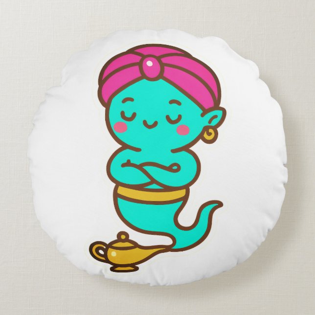 Magische Kawaii Djinn - Neon Spirit Rond Kussen (Voorkant)