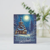 Magische Kerst Houten Kerk Sneeuw Maan Bos Feestdagenkaart (Staand voorkant)