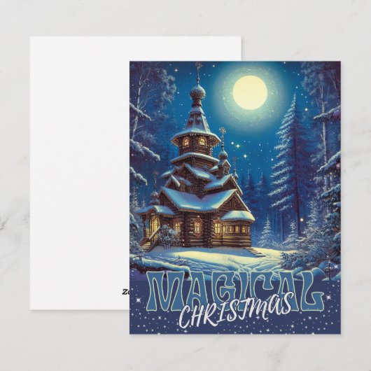 Magische Kerst Houten Kerk Sneeuw Maan Bos Feestdagenkaart (Voorkant / Achterkant)
