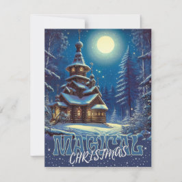 Magische Kerst Houten Kerk Sneeuw Maan Bos Feestdagenkaart