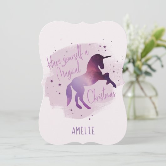 Magische Kerst sterrenstelsel eenhoorn Feestdagenkaart (Staand voorkant)