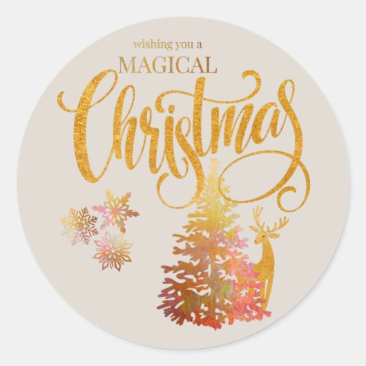 Magische kerstbomen en rendierchampagne ronde sticker (Voorkant)